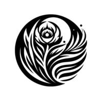Abstract Black and White Floral Tattoo Centered in a Circle, Featuring Rose, Leaves, and Flowing Lines. vector