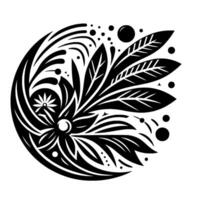 Black and White Circular Floral with Leaf Elements, Dots, and Ornate Curved Lines on a White Background. vector