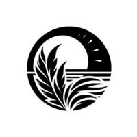 Monochromatic emblem featuring a stylized sunrise over a sea, framed within a circle and intertwined with botanical elements. vector