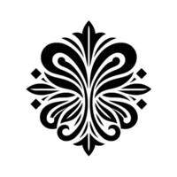 Symmetrical Black Floral Motif A Detailed, Stylized Emblem Against a White Backdrop Showcasing Ornate Lines and Curves. vector