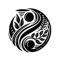 YinYang Harmony Black and White Floral Blending Nature and Balance, with Abstract Elements and Fluid Lines. vector