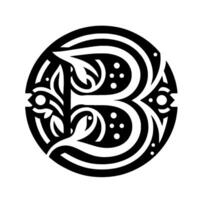 Circular, intricate, black and white monogram of the letter B, adorned with floral and dot patterns, encased within a rounded border. vector