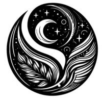 Celestial Emblem A black and white circular illustration featuring a crescent moon, stars, flowing lines and feather motifs, evoking a sense of cosmic harmony. vector