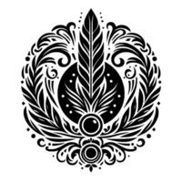 Intricate Black and White Ornamental Design A symmetrical, circular composition featuring stylized feather, floral, and geometric elements, evoking a sense of balance and elegance. vector