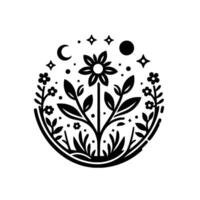A stylized, symmetrical illustration within a circle, showcasing a central flower with leaves and supporting foliage, encircled by small flowers, celestial bodies, stars, and dots in a minimalist mono vector