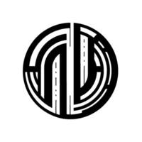 A minimalist monochrome design, a circular emblem comprised of black and white geometric shapes forming abstract letterforms and implied shapes on a clean white background. vector