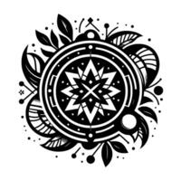 Intricate Black and White Floral Mandala Composition with Geometric Core, Leafy Accents, and Detailed Patterns on White Background. vector