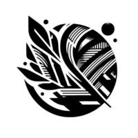 A minimalist geometric illustration featuring a black and white stylized feather within a circular shape, contrasted against a white background with floating circles. vector