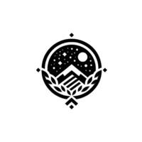 Geometric Monochromatic Illustration of a Nightscape with Mountains, Stars, Moon, and Laurel Wreath Within a Circular Frame, with a Modern Style. vector