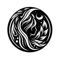 A stylized, monochromatic silhouette of a womans profile framed within a circle, blending elements of nature like leaves and flowing hair, under a celestial night sky with a crescent moon and stars. vector