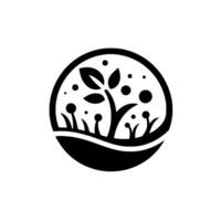 Minimalist Black and White Depicting a Natural Scene Enclosed in a Circle, Featuring a Growing Plant, Grass, and Atmospheric Bubbles. vector