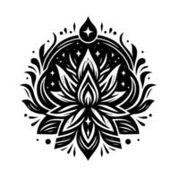 Intricate Black and White Lotus Mandala with Celestial Elements, Depicting Balance and Enlightenment. vector