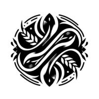 Intricate Black and White Circular Featuring Intertwined Leaves, Floral Accents, and Graduated Shading, against a Pure White Backdrop. vector