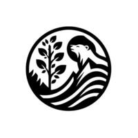 Serene Black and White Circular Emblem Bear gazing upwards, tree and mountains symbolizing natures harmony and resilience. vector