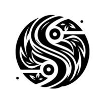 Monochromatic YinYang Mandala A stylized black and white circular featuring flowing lines, geometric shapes, botanical accents, and a balanced, minimalist aesthetic. vector