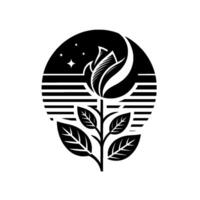 Elegant Black and White Botanical Illustration A Rose Under the Moonlit Sky Within a Geometric Circle. vector