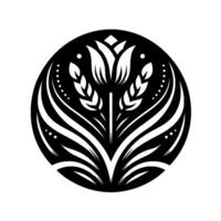 Intricate Black and White Floral Emblem Stylized flower and wheat elements within a circular frame, creating a symmetrical and elegant design. vector