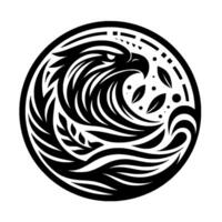 Intricate Black and White Circular Featuring a Stylized Eagle Head with Flowing Feathers and Embellishments of Leaves and Dots. vector