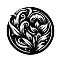 Intricate Black and White Floral Mandala in a Circular Frame, Showcasing Detailed Petals and Elegant Flourishes on a Plain Background. vector