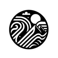 A minimalist black and white emblem within a circle. Featuring stylized mountains, swirling water, a sun, cloud and dot. A modern interpretation of nature. vector