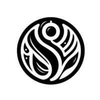 A minimalist, abstract black and white circular featuring organic shapes, reminiscent of leaves and a central eyelike element, set against a plain white backdrop. vector