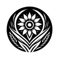 A symmetrical, stylized floral emblem within a black circle, featuring a central flower with radiating petals, supported by leaf and wheat elements. vector