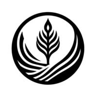Minimalist Black White Symbol Featuring a stylized tree within a circle, with curved lines representing earth, water, or other elements, conveying growth. vector