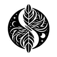 A stylized YinYang symbol blends celestial elements with nature, portraying a harmonious balance of light and dark with a celestial theme. vector