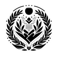 Intricate symmetrical monochrome emblem featuring a circular design, laurel leaves, stylized hands, geometric elements, and a central sun and heart, representing unity and harmony. vector