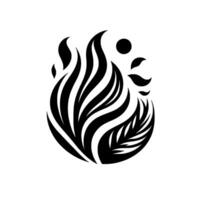 A stylized black and white illustration featuring a botanical with flamelike elements, leaves and a circle. vector