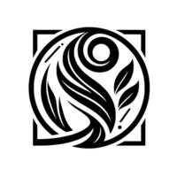Abstract Black White Botanical Composition Circle within a Square, Featuring Swirls, Leaves, Organic Forms. Minimalist Emblem. vector