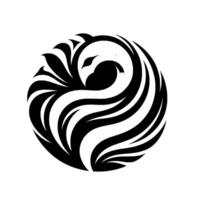 A stylized black and white swan logo, composed of elegant curves and featherlike shapes, within a circular design. vector