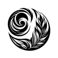 Intricate Black and White Circular Featuring a Swirling Vortex and a Detailed Leaf Motif, Creating a Harmonious Balance on a White Background. vector
