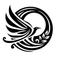 Elegant Black and White Logo A stylized dove in flight, framed by a circle and olive branch, symbolizing peace and freedom in a minimalist design. vector