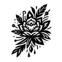 Intricate Black and White Floral Composition with Droplets, Leaves, and Geometric Elements, Suggesting Elegance and Symbolic Depth. vector