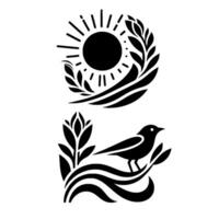 A minimalist, stylized illustration depicting a bird perched on leafy branches and a sun with rays and foliage, both in black and white. vector