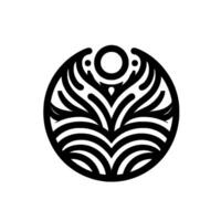 Intricate black and white symmetrical emblem, a circular featuring stylized leaflike patterns, a central circle, and small dots, creating a minimalist and elegant aesthetic on a white backdrop vector