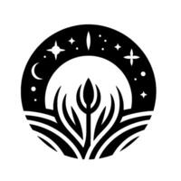 Celestial Emblem A stylized, black and white circular featuring a plant rising toward a crescent moon and stars within a dark void. vector
