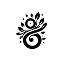 Elegant Black and White Floral Emblem A stylized flourish with a spiral and circle form, featuring leaves and dots, creating a balanced and organic composition. vector