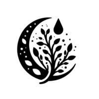 Symbolic Black and White Composition A Crescent Moon Encloses a Branch with Leaves, Surrounded by Droplets and Dots. vector