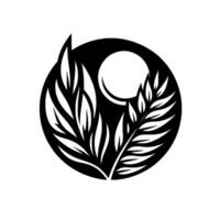 A minimalist black and white illustration showcasing a stylized leaf within a circle, accompanied by a bright moonlike shape, set against a white backdrop. vector