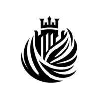 Elegant monochrome emblem, featuring a stylized castle with a crown, encircled by swirling, winglike shapes, evoking power and sophistication. vector