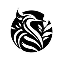 A minimalist black and white emblem featuring a stylized heron gracefully interwoven with stylized leaf elements, set against a circular backdrop. vector