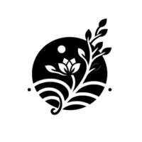 A stylized, monochrome floral design, featuring a lotuslike flower and leafy branches within a dark circular background, contrasted by a light backdrop. vector