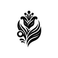 Intricate Black and White Floral Ornament on a White Backdrop A Symmetrical, Decorative with Leaves, Petals, and Abstract Shapes. vector