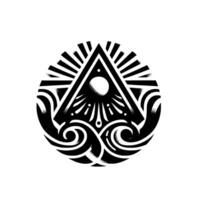 A striking, monochromatic of an Eye of Providence inside a stylized triangle, set within a circle with radiant sunburst and swirling wavelike elements, evoking spiritual mystery. vector