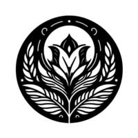 Intricate Black and White Floral Emblem A symmetrical, art nouveau inspired featuring a central flower, leaves, and circular border. vector