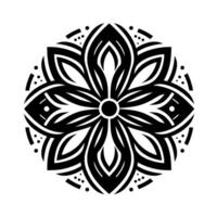 Intricate Black and White Mandala A symmetrical floral with layered petals, dots, and geometric elements, centered on a white background. vector