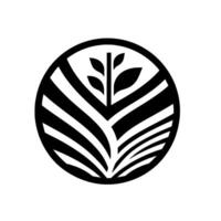 Geometric black and white circular features a stylized plant sprouting from curved lines within a border, symbolizing growth. vector