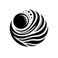 Abstract black and white featuring a central sphere encompassed by flowing stylized waves and droplets, evoking dynamic movement and a sense of energy. vector